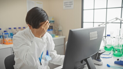 A young asian male scientist feeling stressed in a laboratory setting, with scientific equipment in the background.