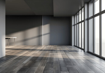 Fototapeta premium Modern and empty room with big windows and dark grey walls
