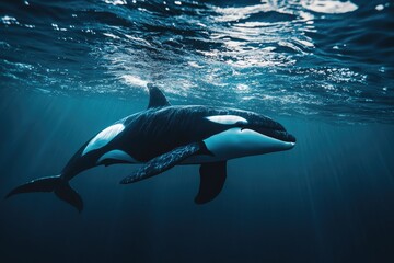 Fototapeta premium An Orca Whale Swimming Beneath the Surface of the Ocean