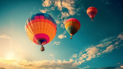 Fototapeta premium Vibrant Hot Air Balloons Floating in a Clear Blue Sky During Sunset - Perfect for Travel-Themed Projects