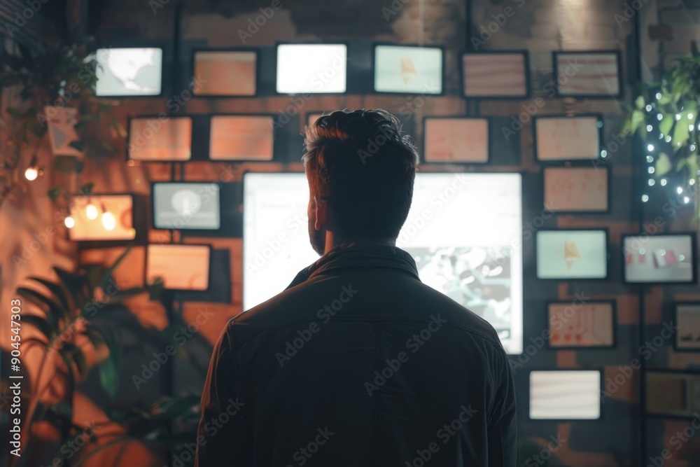 Poster A person standing in front of a large screen TV, with multiple screens displaying various content