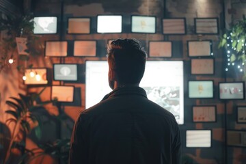 A person standing in front of a large screen TV, with multiple screens displaying various content