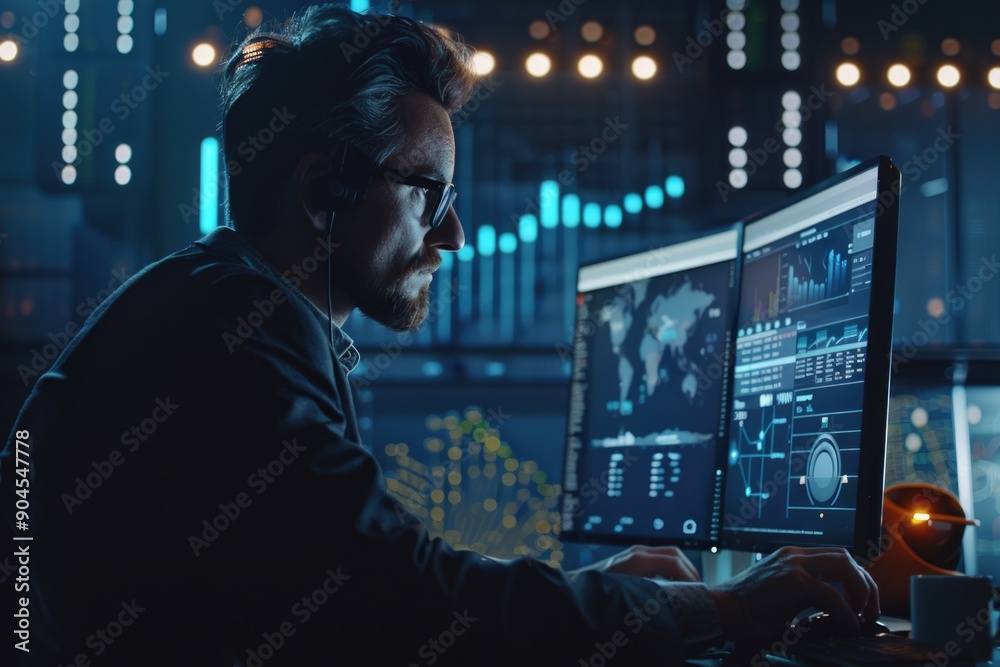 Leinwandbilder A person sitting in front of a computer screen with a calm expression