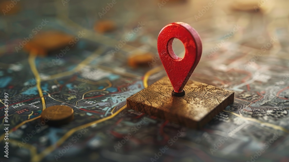 Poster A map with a red pin marking a location