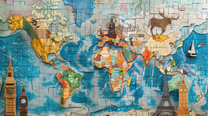 Bright and engaging mosaic of famous world landmarks, set against a nostalgic, vintage travel map