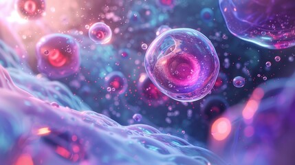 Artistic digital illustration of colorful bioluminescent cells in futuristic scientific background