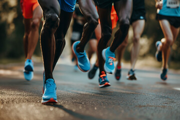 Athletes wearing footwear and active shorts running marathon on asphalt road