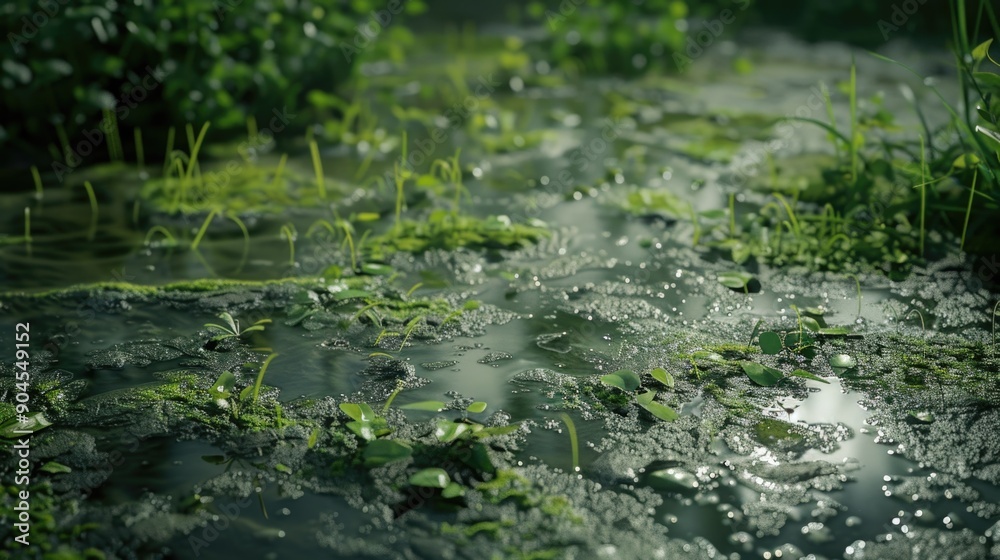 Aufkleber a serene stream runs through the heart of a lush green forest, surrounded by tall trees and dense fo