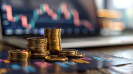 A pile of gold coins sits on a table next to a laptop displaying a graph. The coins are stacked in a pyramid shape, with the top coin being the largest. Concept of wealth and prosperity