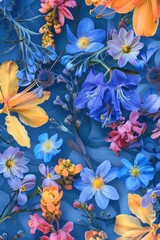 A vibrant arrangement of flowers against a calm blue backdrop, ideal for use in designs related to spring, nature, or wellness