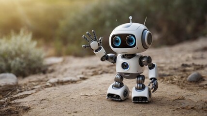 Cyborg modern artificial intelligence technology robot, waving its hand greeting hello, wallpaper background 