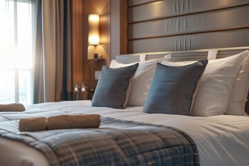 A cozy bed frame topped with pillows and blankets, perfect for a relaxing day