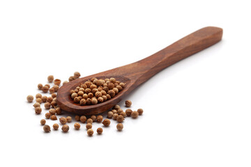 Front view of a wooden spoon filled with dry Organic Coriander (Coriandrum sativum) seeds. Isolated on a white background.