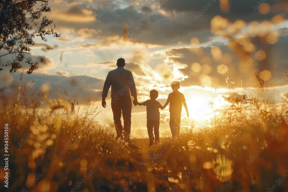 Poster a family of three walking together in a green field as the sun sets behind them
