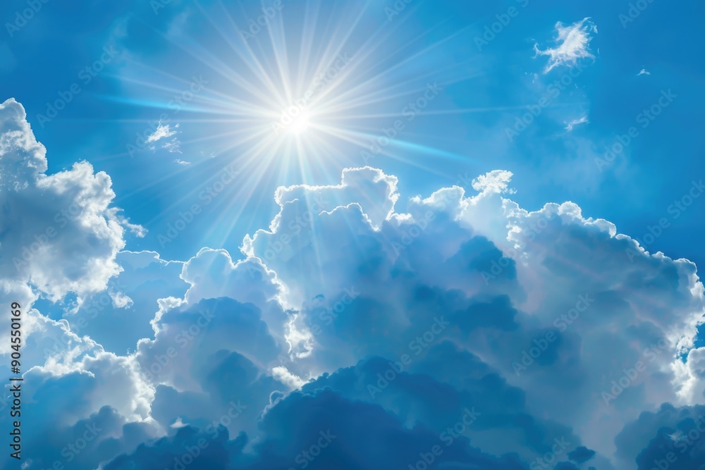 Poster Bright sunlight filtering through fluffy white clouds