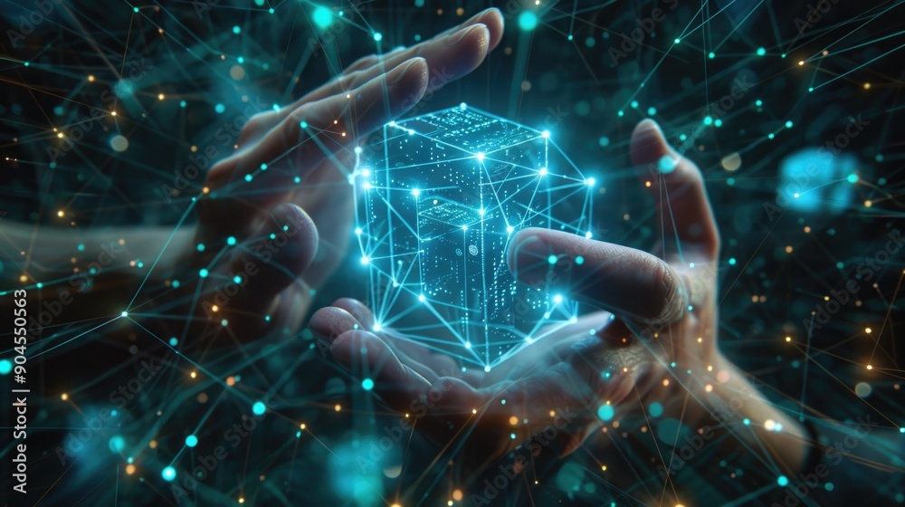 Poster A person holds a shining cube, ideal for representing innovation or futuristic concepts
