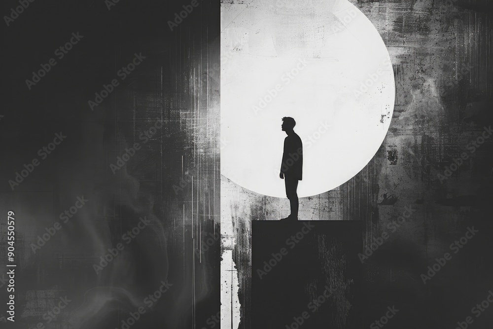 Poster a person standing near a full moon, perfect for space or astronomy themed projects
