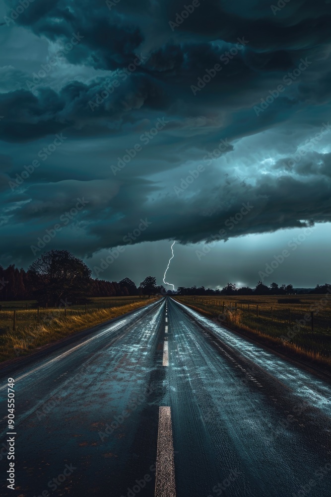 Poster a road stretches out into the distance with a bright lightning bolt visible in the horizon