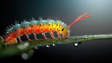 Naklejka premium An extreme close-up, highly detailed image of a caterpillar is textured skin, highlighting the bright, colorful scales and tiny hairs in ultrahigh definition