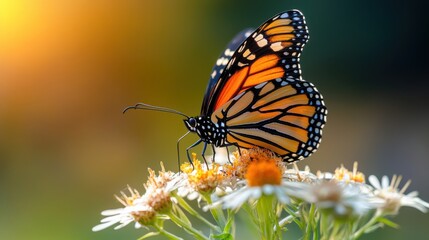 Fototapeta premium A close-up view of a vibrant monarch butterfly perched on a delicate flower with detailed wing patterns and pollen grains visible in the background, 
