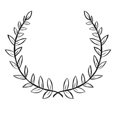 Black circular Hand draw foliate laurels branches. Laurel wreath. Vintage laurel, Heraldic trophy crest, Greek olive branch award, winner round emblem