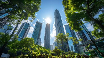 Obraz premium Economic Progress and Environmental Preservation: Financial District with Greenery