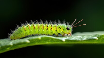 Naklejka premium Close-up view of a vibrant green caterpillar with intricate textures and fine details, showcasing its segmented body and tiny bristles on a leaf