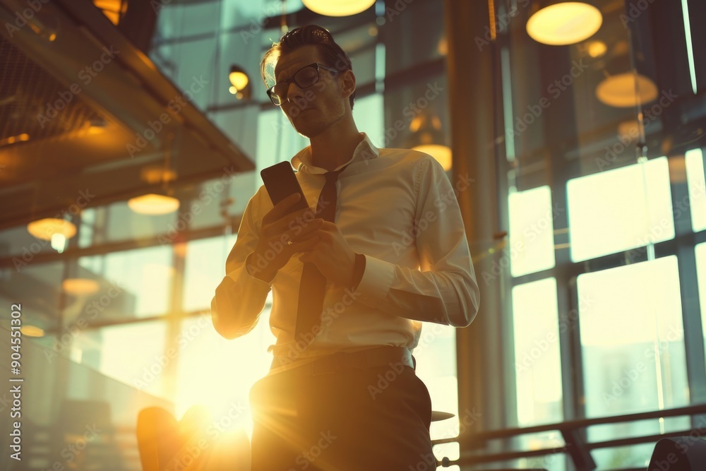 Poster man in suit holding mobile device