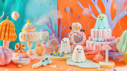 Charming Halloween setup with pastel-colored candy land theme. Include foam clay sweets, lollipops, and adorable ghost figures in a creative DIY display.