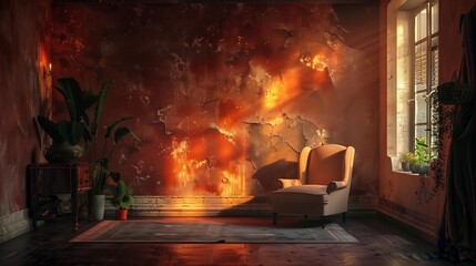 Cozy Vintage Living Room with Sunlit Accent Wall and Potted Plants