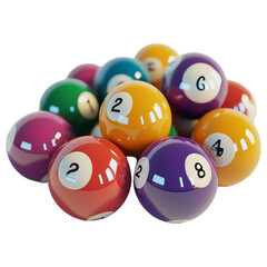 Colorful billiard balls close-up isolated on transparent background, sports equipment arrangement.
