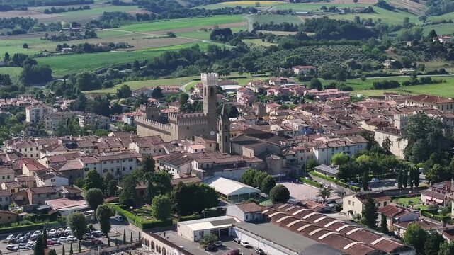 Aerial view of the village of Scarperia and the palace of the Vicars. Sacrperia is known as the land of knives. Scarperia and San Piero, Florence province.