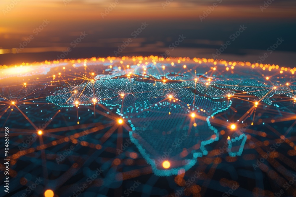 Poster A map of the world with glowing lines representing global connections and networks