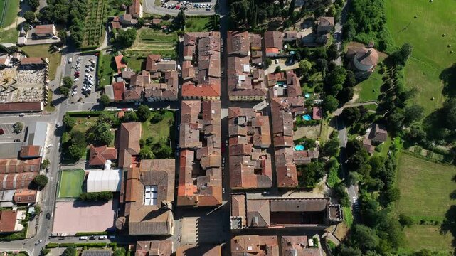 Aerial view of the village of Scarperia and the palace of the Vicars. Sacrperia is known as the land of knives. Scarperia and San Piero, Florence province.
