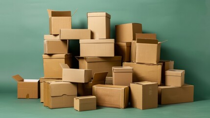 Fototapeta premium A neatly stacked pile of cardboard boxes on a plain background, symbolizing moving or storage organization