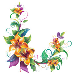 Intricate corner floral decoration in vibrant colors, ideal for borders or frames, transparent background.