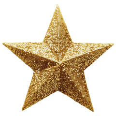 Sparkling gold star ornament with glitter texture, perfect for holiday decorations, on transparent background.
