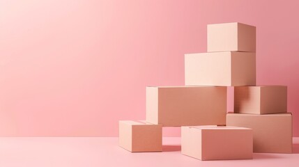 Fototapeta premium A neatly stacked pile of cardboard boxes on a plain background, symbolizing moving or storage organization