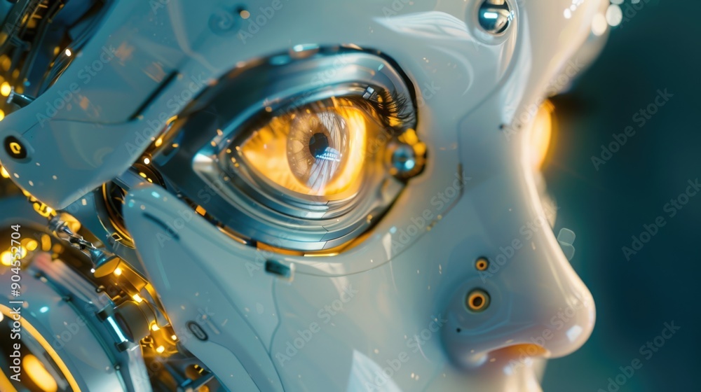 Poster a close-up shot of a person's face with a robot's eye implanted, suitable for sci-fi or futuristic c