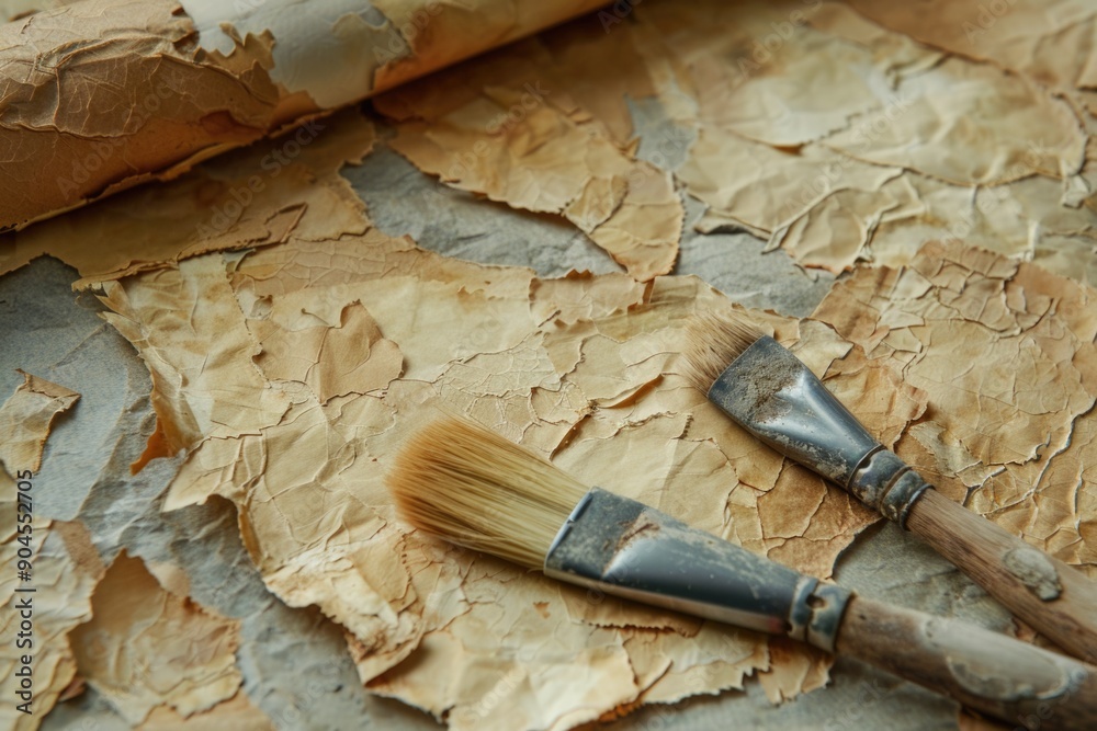 Poster a pair of paint brushes resting on a sheet of paper, ideal for illustrations and designs