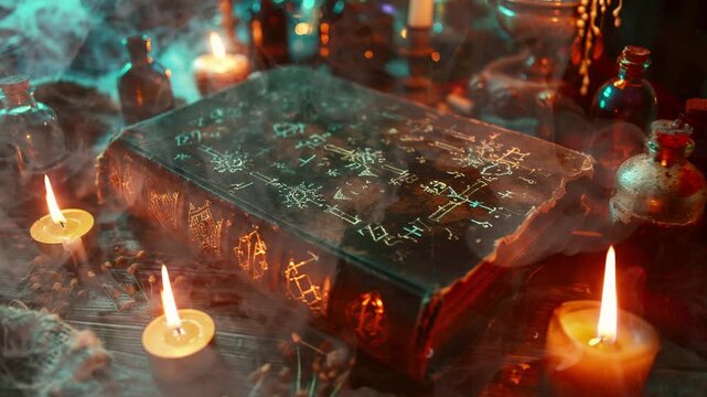 a creepy old book with mystical symbols, surrounded by burning candles and potion bottles