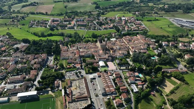 Aerial view of the village of Scarperia and the palace of the Vicars. Sacrperia is known as the land of knives. Scarperia and San Piero, Florence province.