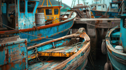 Obraz premium Close-up of fishing boats at the dock, showcasing the intricate details and textures of the vessels