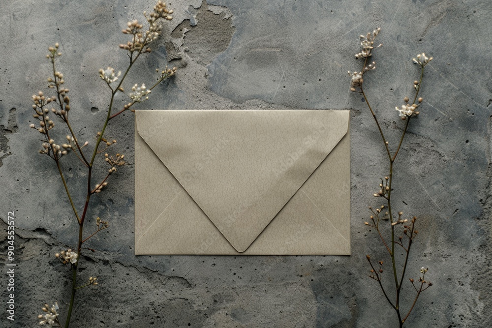 Poster a simple envelope with flowers placed on a concrete surface, perfect for use in office or home setti