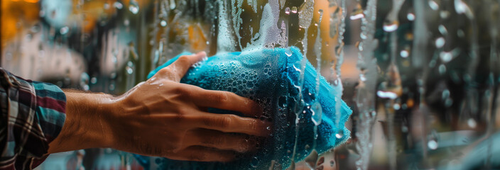 Man in casual clothes washing window glass at home. man's hand wipes the window with a blue cleaning sponge