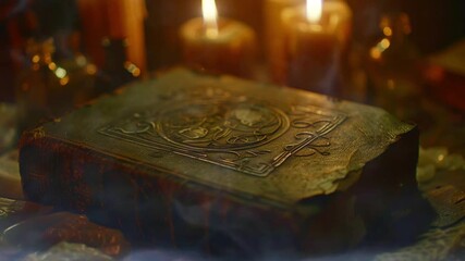 a creepy old book with mystical symbols, surrounded by burning candles and potion bottles