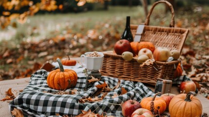 picnic table covered with a plaid cloth, filled with pumpkins, apples, and pears