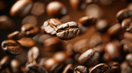 Fototapeta premium Coffee beans gently falling with a background in soft focus, capturing the essence of their delicate motion