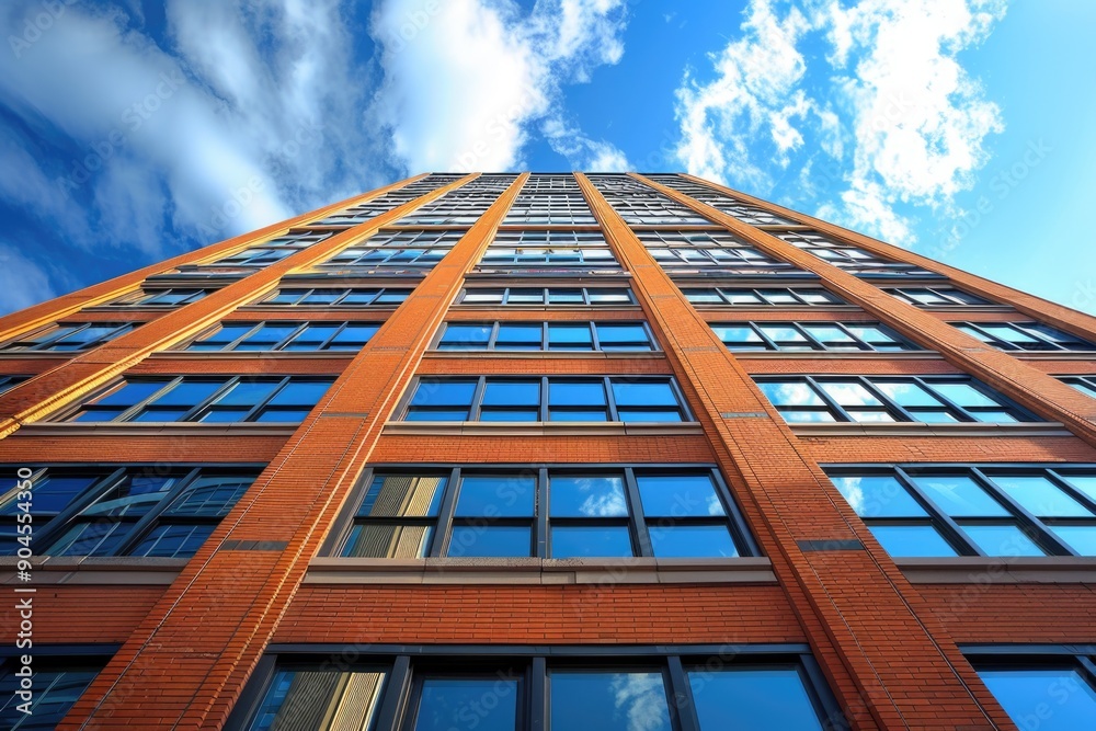 Poster a large brick building with many windows, suitable for use in urban or architectural scenes
