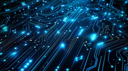 Abstract digital network circuit board background banner with glowing light and connecting data dots in blue and black colors. Big data technology concept,